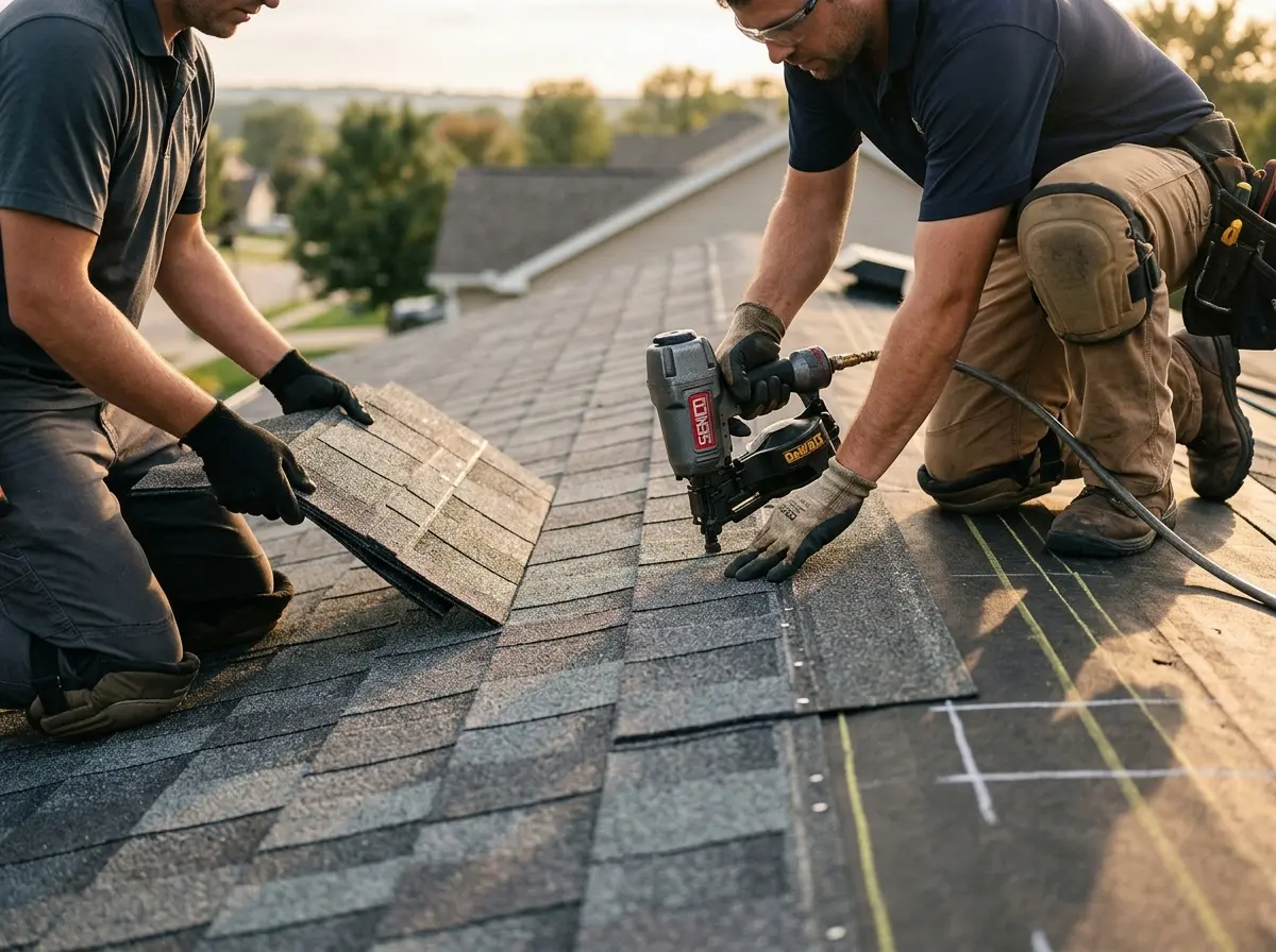 Professional roofer working on a residential roof in Glassboro